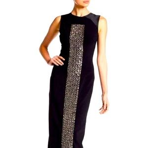 THEIA CREW NECK SLEEVELESS ZIPPER BACK EMBELLISHED FRONT CREPE DRESS SZ 10 NWT